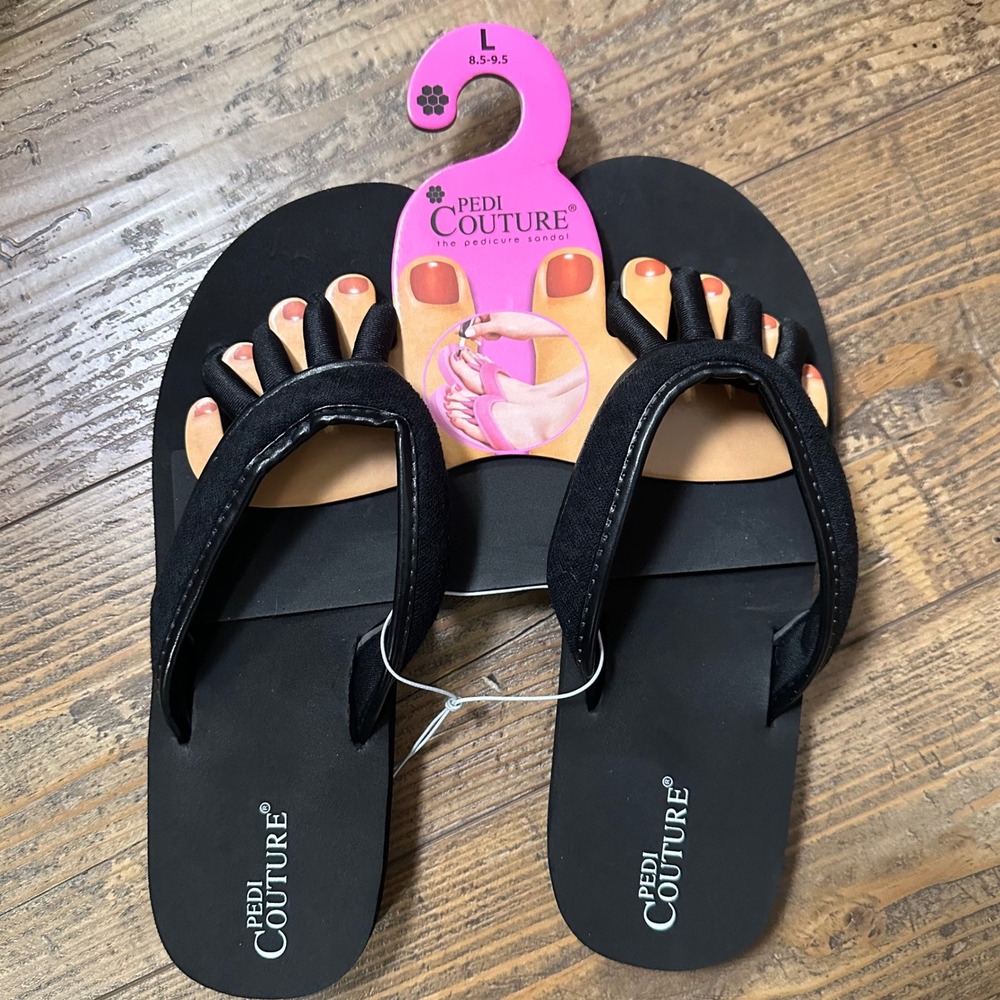Pedi Couture Pedicure Sandals Women L 8.5-9.5 Black Toe Separator Flip Flops